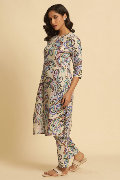 Ecru Floral Printed Straight Kurta And Pants Set - wforwoman