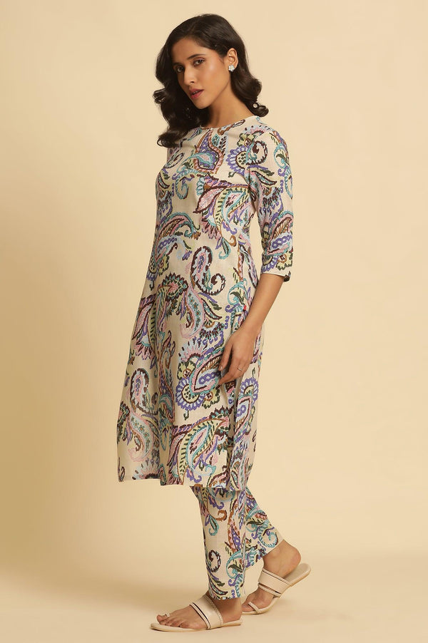 Ecru Floral Printed Straight Kurta And Pants Set