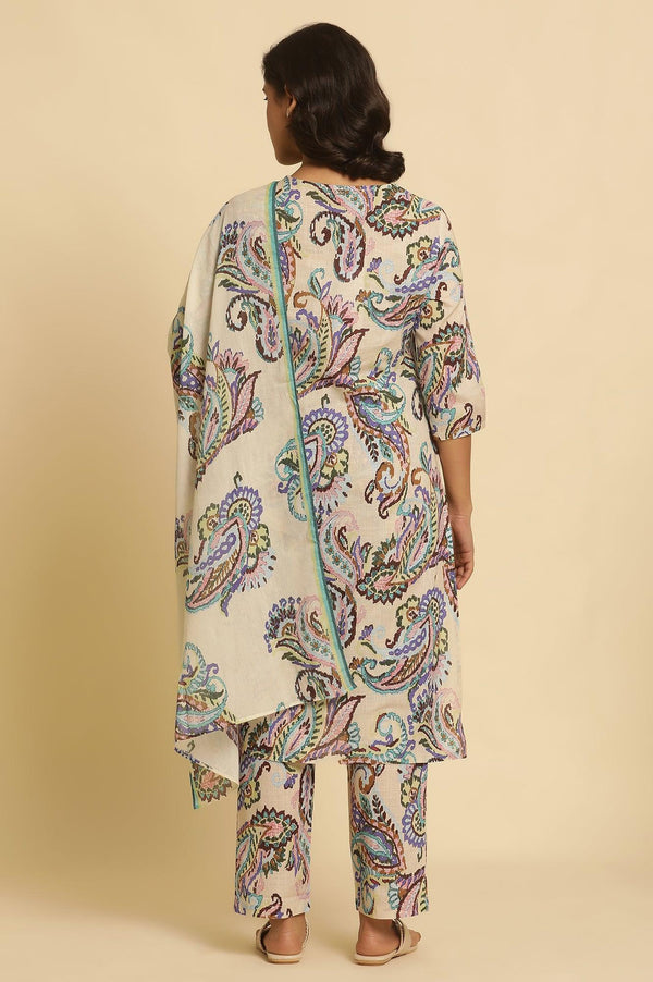 Ecru Floral Printed Straight Kurta And Pants Set