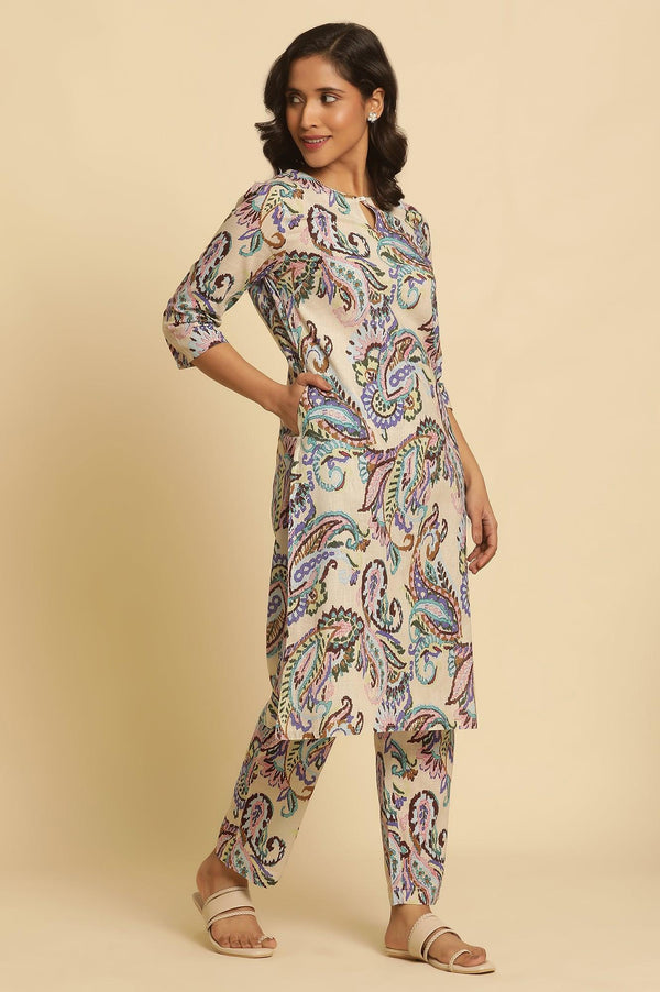 Ecru Floral Printed Straight Kurta And Pants Set