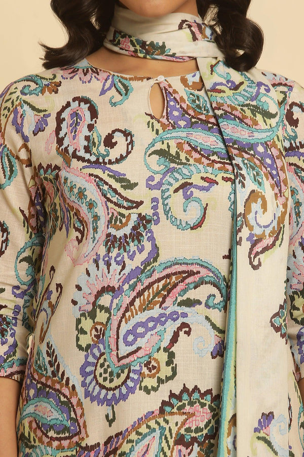 Ecru Floral Printed Straight Kurta And Pants Set