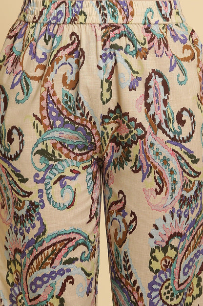 Ecru Floral Printed Straight Kurta And Pants Set - wforwoman