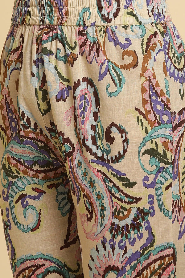 Ecru Floral Printed Straight Kurta And Pants Set