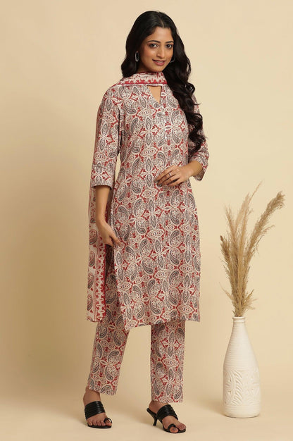 White Paisely Printed Kurta, Pants And Dupatta Set - wforwoman