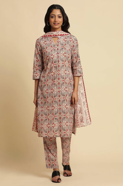 White Paisely Printed Kurta, Pants And Dupatta Set - wforwoman
