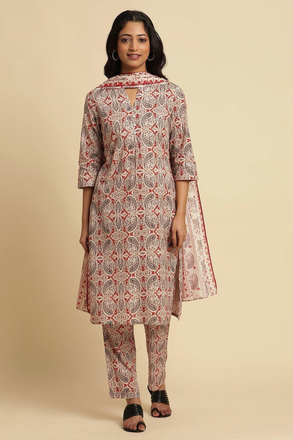 White Paisely Printed Kurta, Pants And Dupatta Set