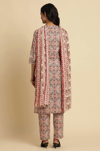 White Paisely Printed Kurta, Pants And Dupatta Set - wforwoman