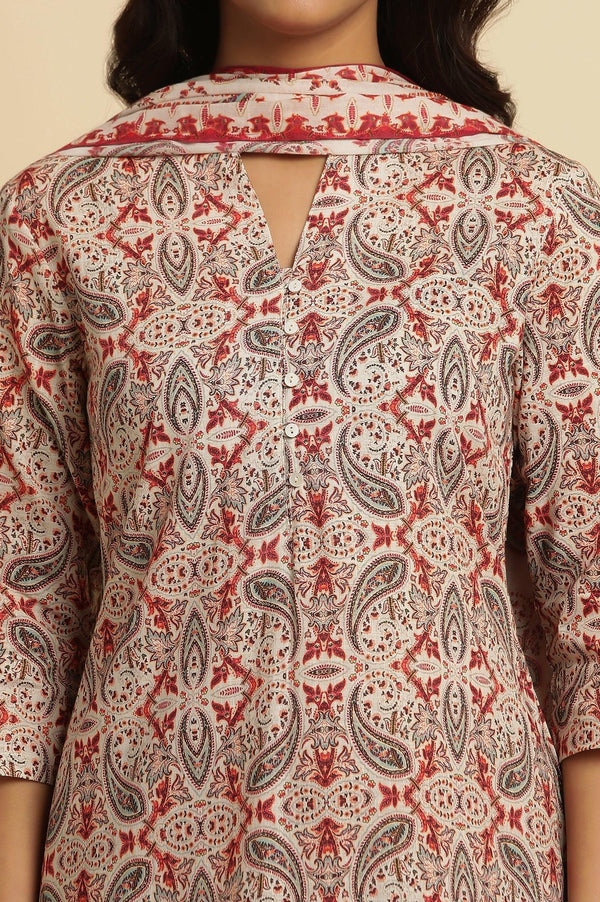 White Paisely Printed Kurta, Pants And Dupatta Set