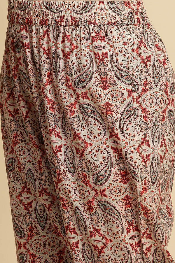 White Paisely Printed Kurta, Pants And Dupatta Set