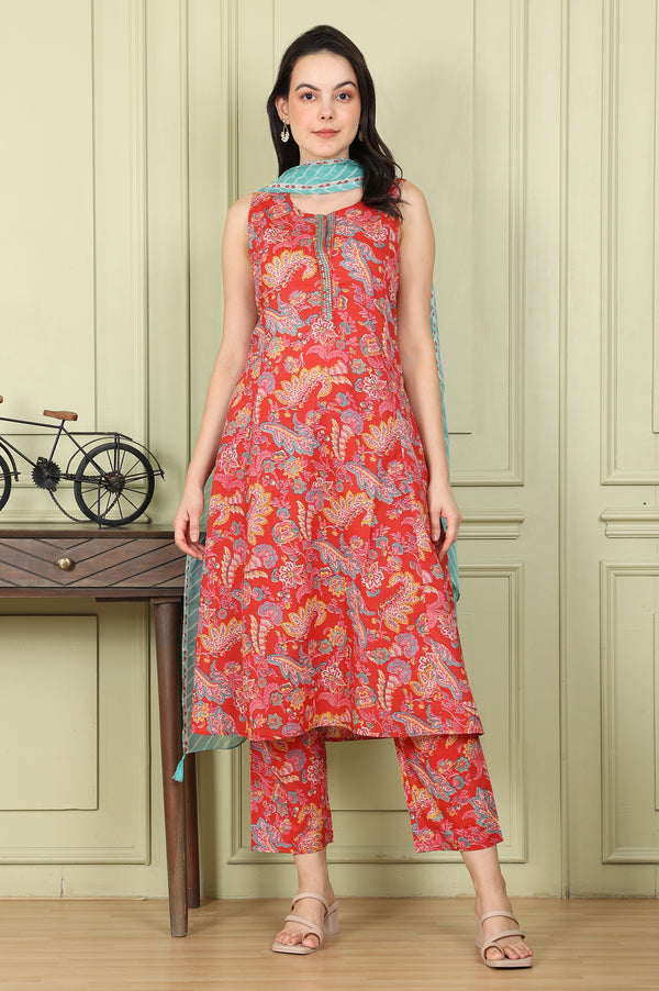 Red Floral Printed Sequined Pure Cotton A-Line Kurta, Straight Pants And Teal Printed Dupatta
