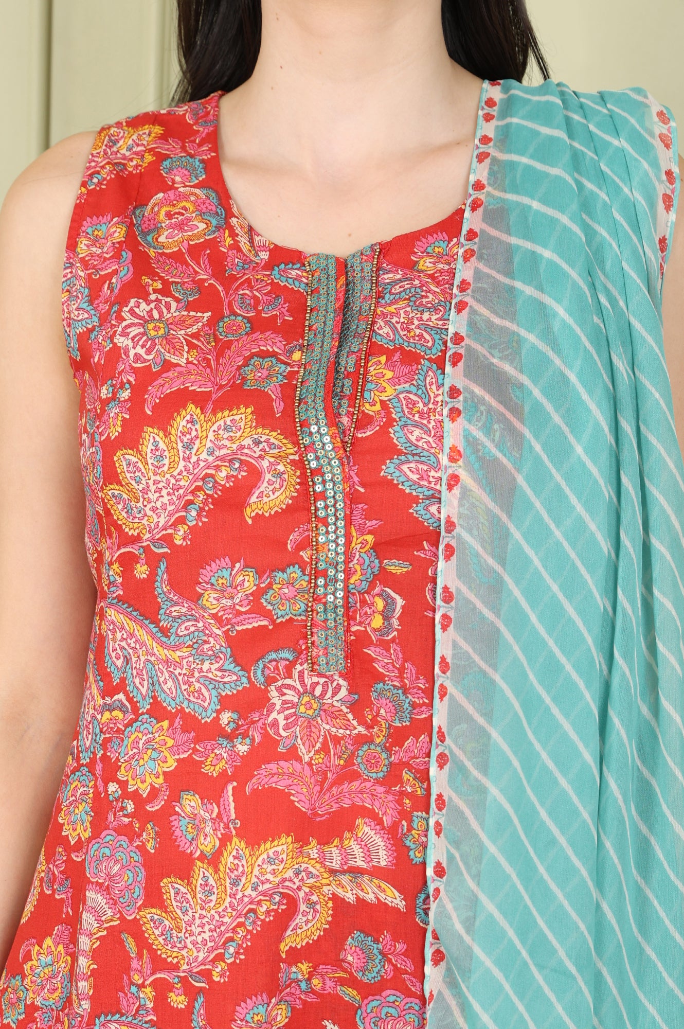 Red Floral Printed Sequined Pure Cotton A-Line Kurta, Straight Pants And Teal Printed Dupatta - wforwoman