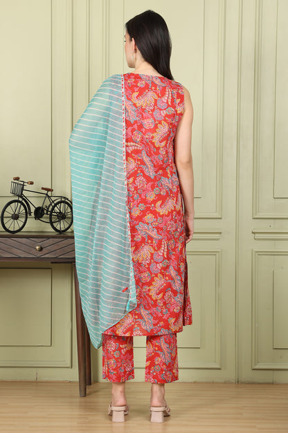 Red Floral Printed Sequined Pure Cotton A-Line Kurta, Straight Pants And Teal Printed Dupatta - wforwoman