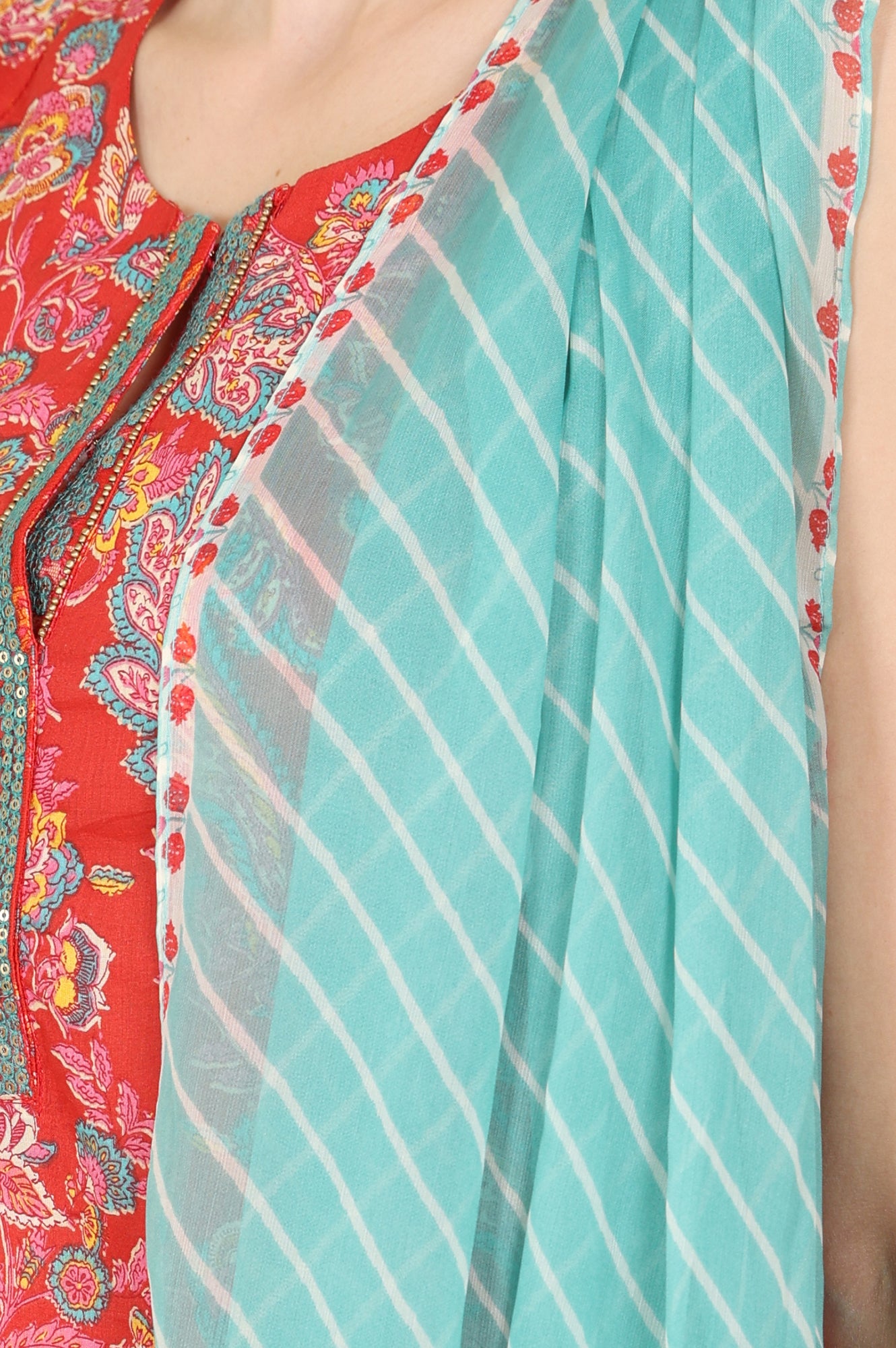 Red Floral Printed Sequined Pure Cotton A-Line Kurta, Straight Pants And Teal Printed Dupatta - wforwoman