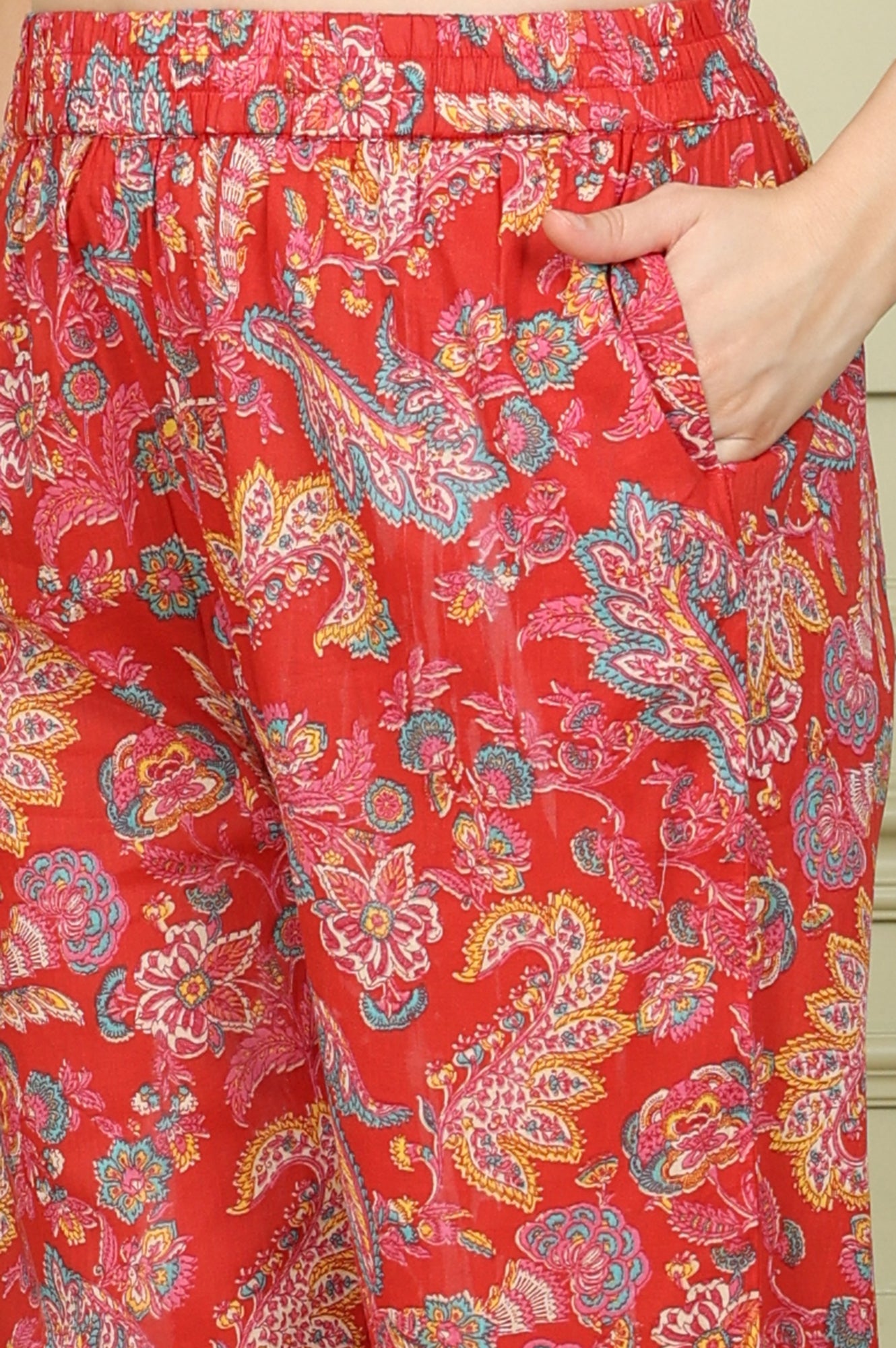 Red Floral Printed Sequined Pure Cotton A-Line Kurta, Straight Pants And Teal Printed Dupatta