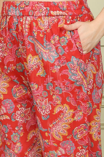 Red Floral Printed Sequined Pure Cotton A-Line Kurta, Straight Pants And Teal Printed Dupatta