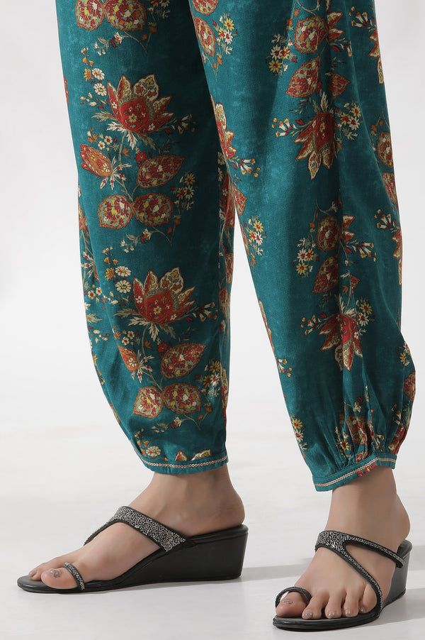 Teal Green A-Line Printed Kurta and Pants