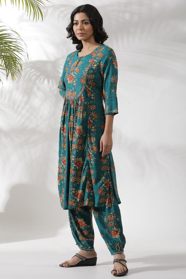 Teal Green A-Line Printed Kurta and Pants