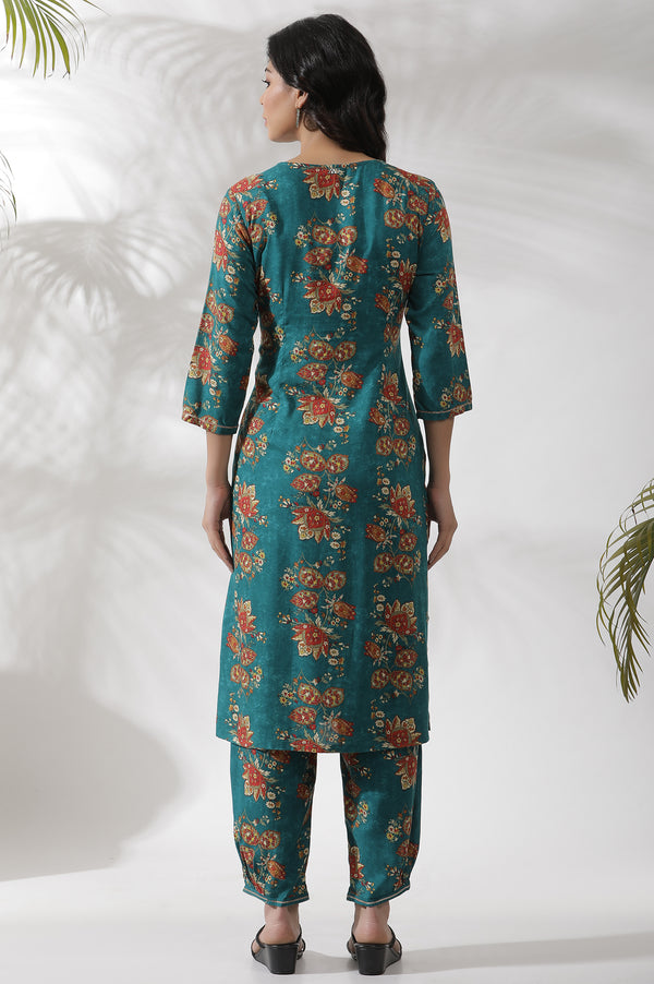 Teal Green A-Line Printed Kurta and Pants