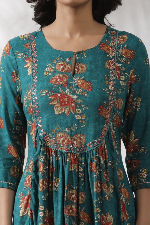 Teal Green A-Line Printed Kurta and Pants