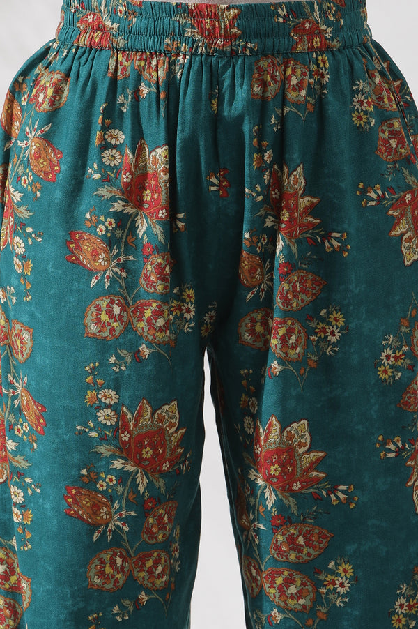 Teal Green A-Line Printed Kurta and Pants