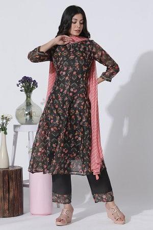 Dark Brown Panelled Printed Kota Kurta, Pants And Dupatta Set - wforwoman