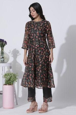 Dark Brown Panelled Printed Kota Kurta, Pants And Dupatta Set - wforwoman