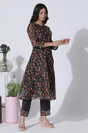 Dark Brown Panelled Printed Kota Kurta, Pants And Dupatta Set - wforwoman