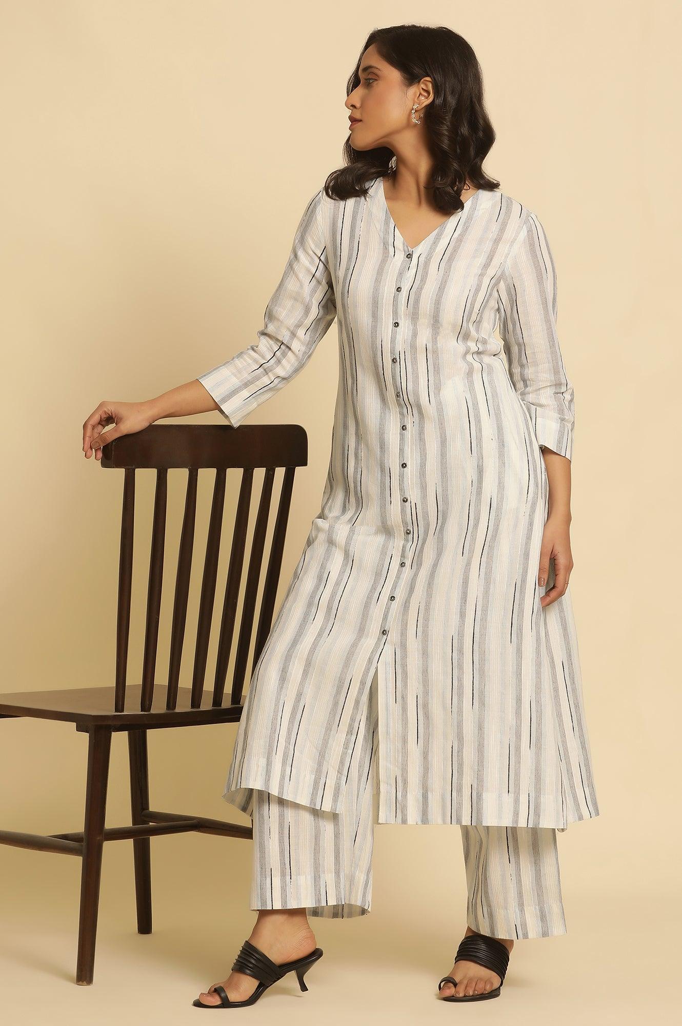 White Cotton Printed Kurta And Pants Set - wforwoman