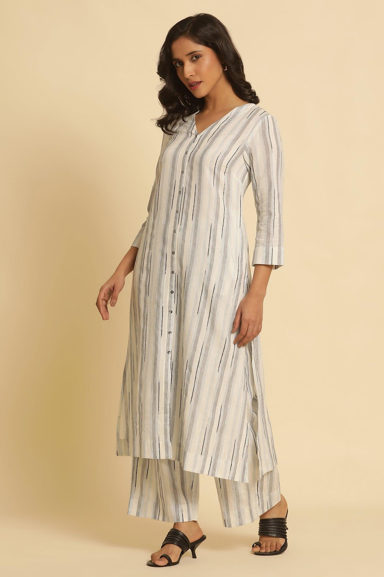 White Cotton Printed Kurta And Pants Set - wforwoman