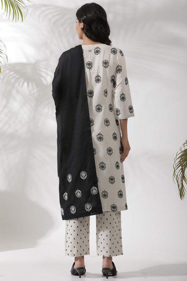 Off-White Schiffli Embroidered Kurta, Pants And Black Dupatta Set