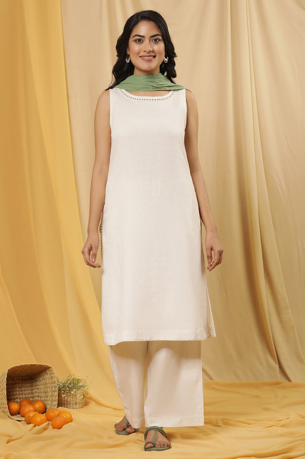 White Minimal Embroidered Kurta, Pants And Dupatta Set