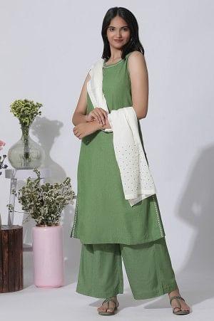 Sage Green Minimal Embroidered Kurta, Pants And Dupatta Set - XXL