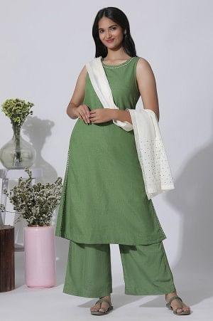 Sage Green Minimal Embroidered Kurta, Pants And Dupatta Set