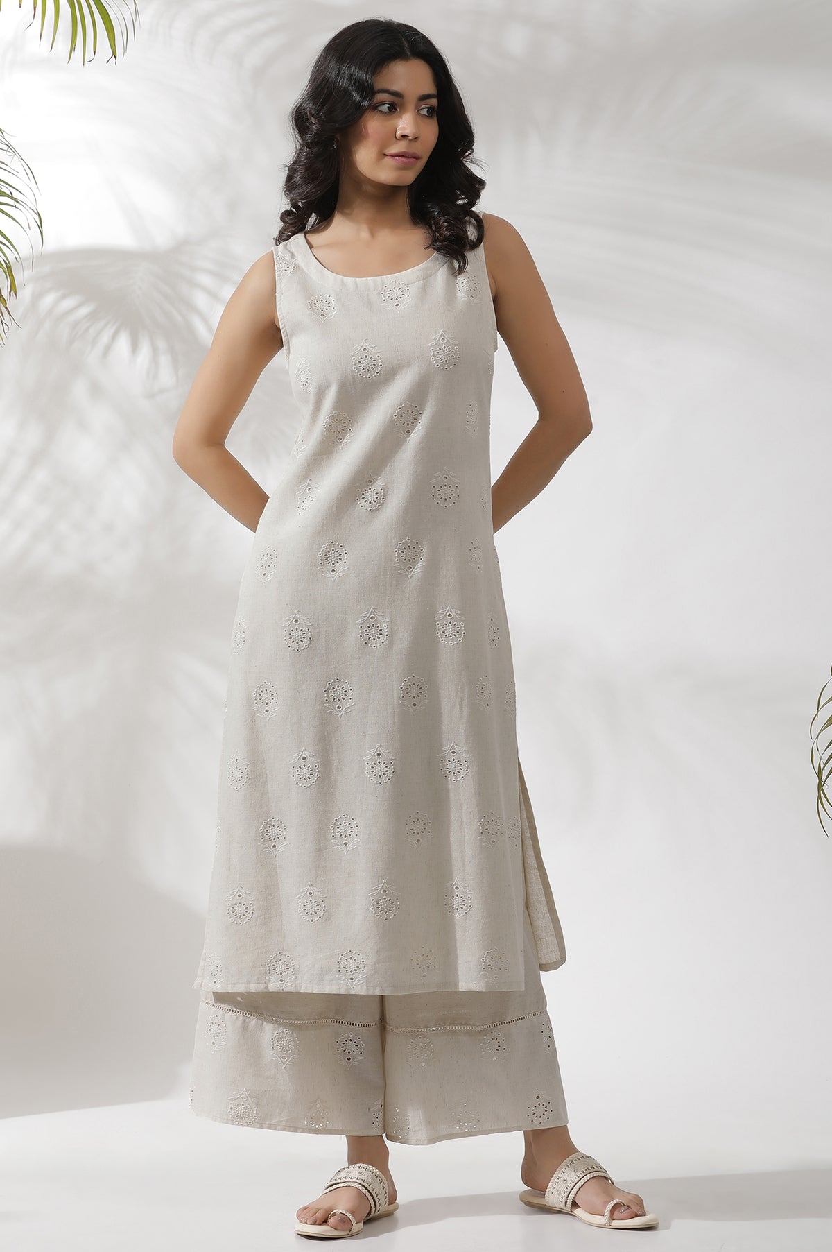 Light Beige Sleeveless Schiffli Kurta And Flared Pants Set - XXL