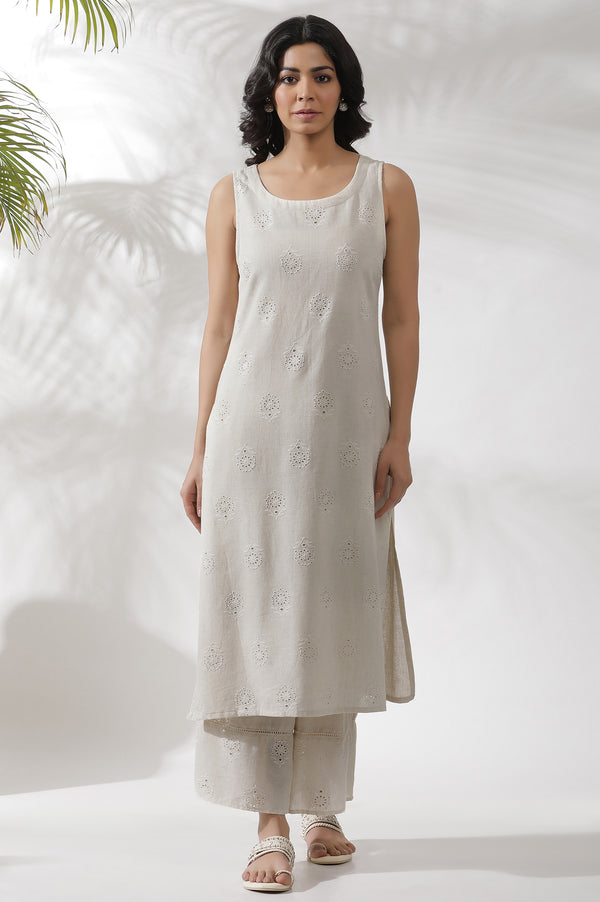Light Beige Sleeveless Schiffli Kurta And Flared Pants Set
