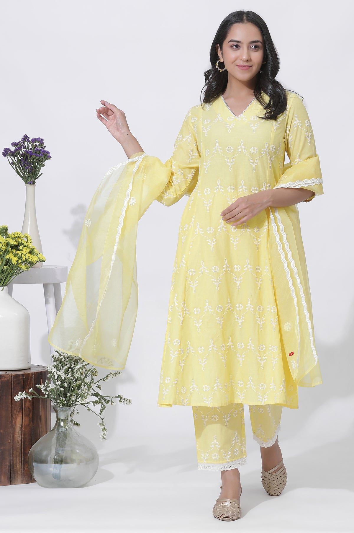 Yellow Cotton Embroidered Flared Kurta, Straight Pants And Dupatta Set - XS