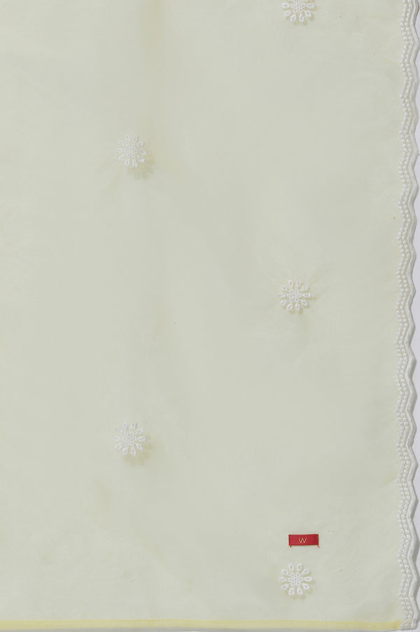 Yellow Cotton Embroidered Flared Kurta, Straight Pants And Dupatta Set