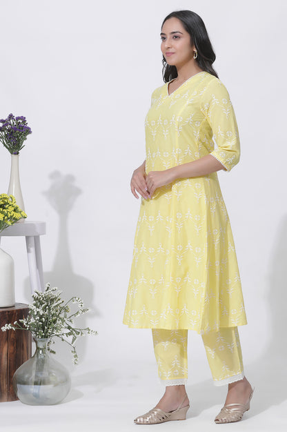 Yellow Cotton Embroidered Flared Kurta, Straight Pants And Dupatta Set
