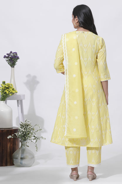 Yellow Cotton Embroidered Flared Kurta, Straight Pants And Dupatta Set