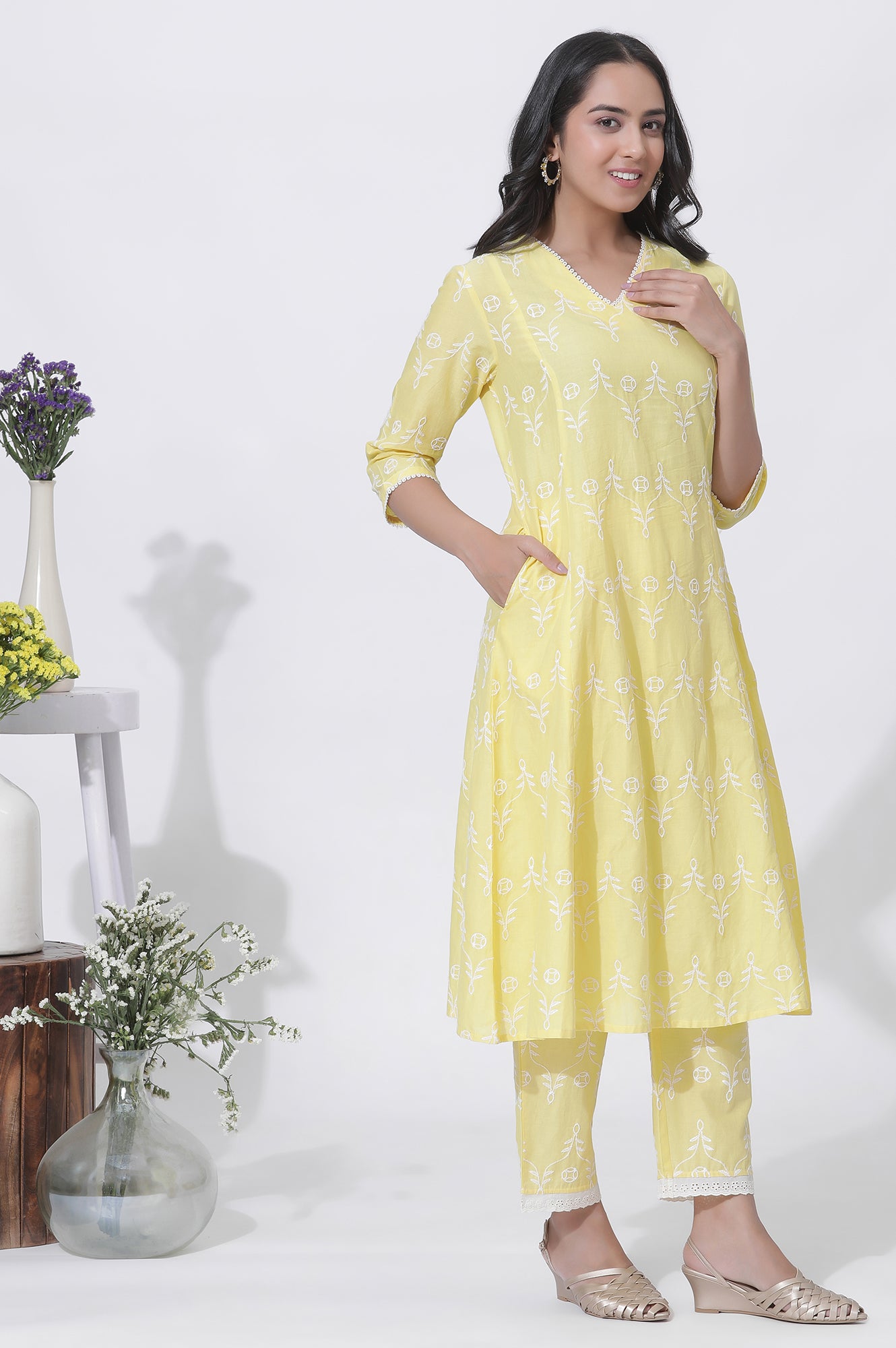 Yellow Cotton Embroidered Flared Kurta, Straight Pants And Dupatta Set