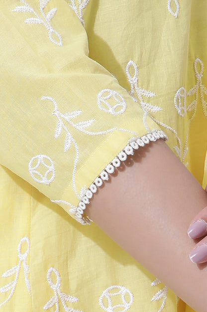 Yellow Cotton Embroidered Flared Kurta, Straight Pants And Dupatta Set