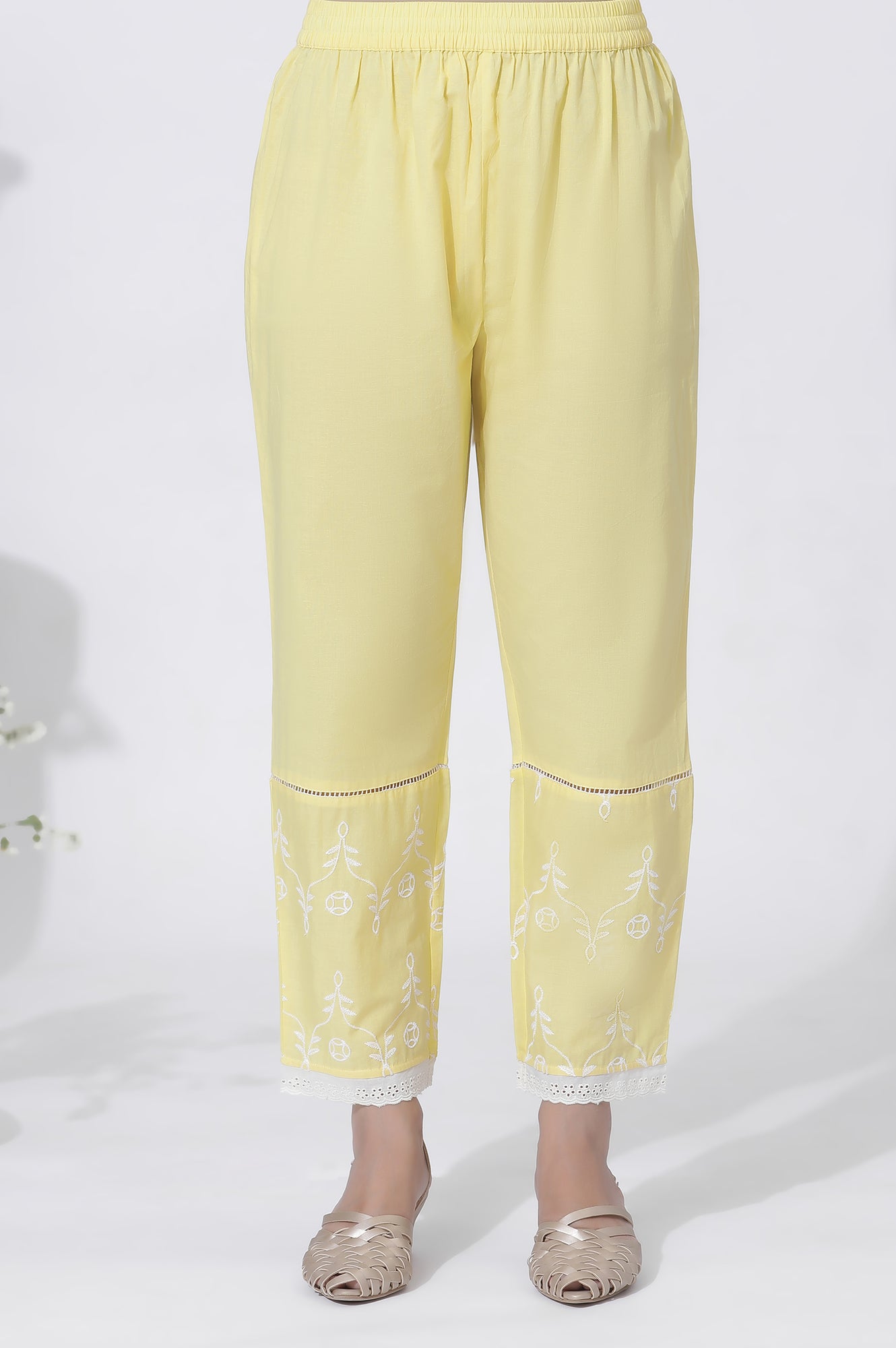 Yellow Cotton Embroidered Flared Kurta, Straight Pants And Dupatta Set