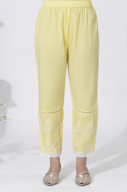 Yellow Cotton Embroidered Flared Kurta, Straight Pants And Dupatta Set