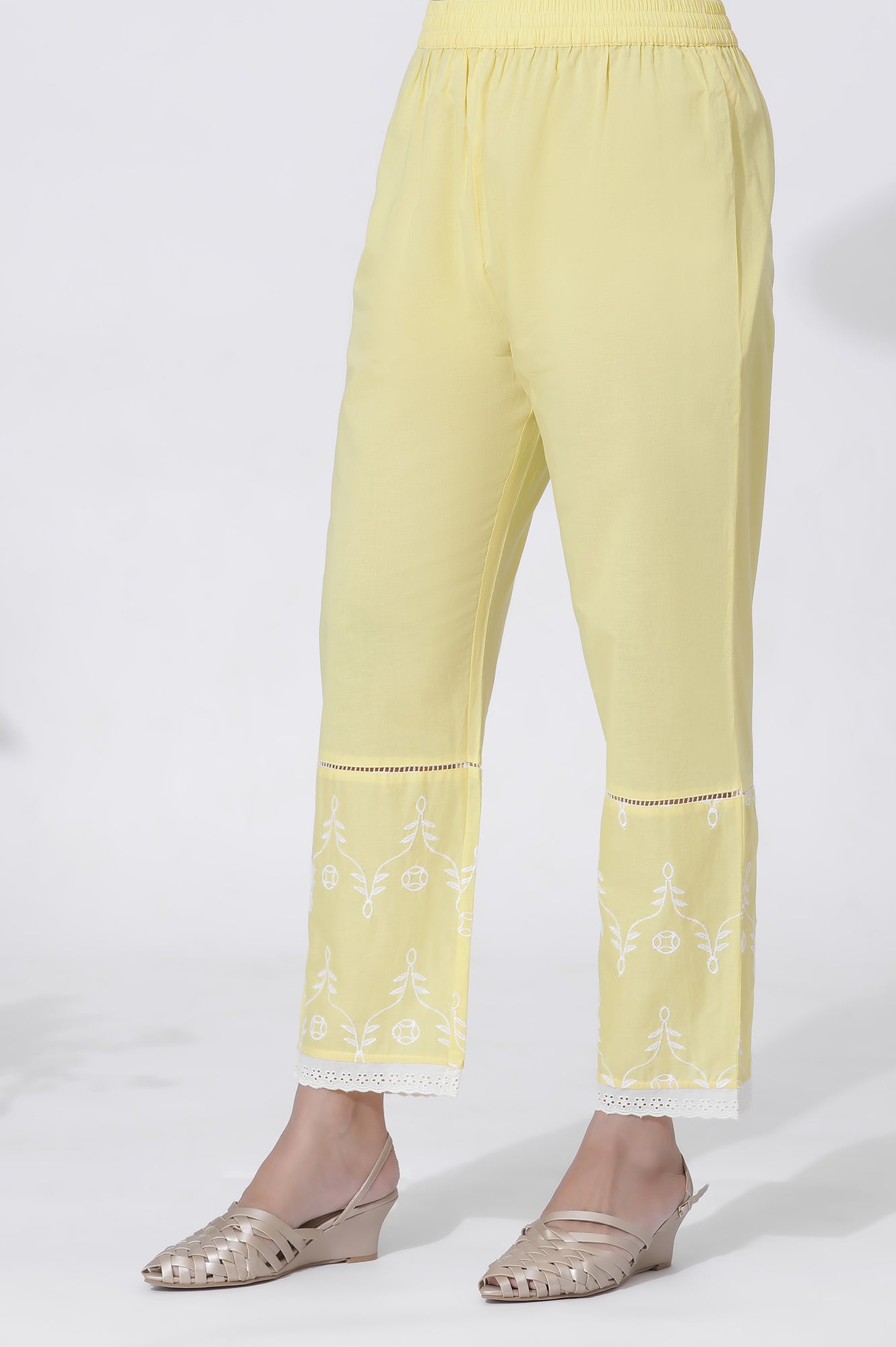 Yellow Cotton Embroidered Flared Kurta, Straight Pants And Dupatta Set