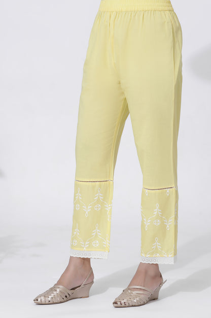 Yellow Cotton Embroidered Flared Kurta, Straight Pants And Dupatta Set