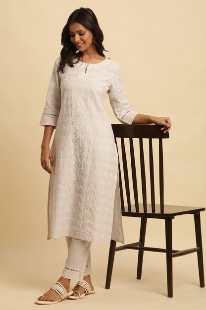 Light Grey Embroidered Cotton Kurta - wforwoman