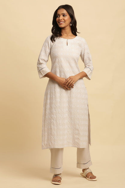 Light Grey Embroidered Cotton Kurta - wforwoman