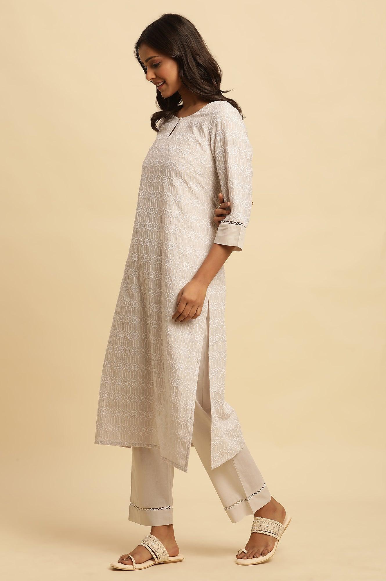 Light Grey Embroidered Cotton Kurta - wforwoman