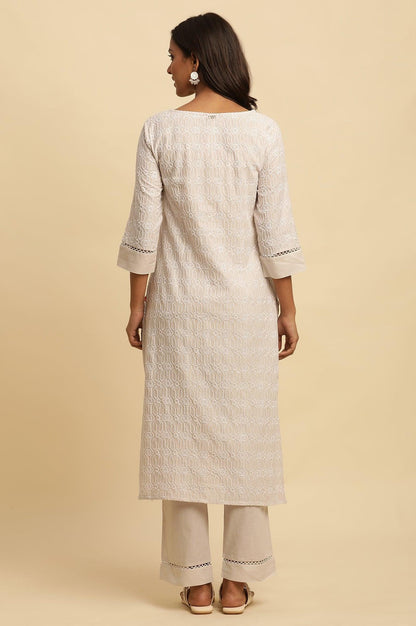Light Grey Embroidered Cotton Kurta - wforwoman