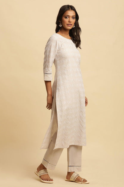 Light Grey Embroidered Cotton Kurta - wforwoman
